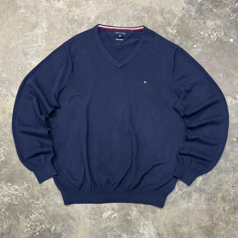Tommy Hilfiger Navy V-Neck Knit Sweater Classic Flag Logo